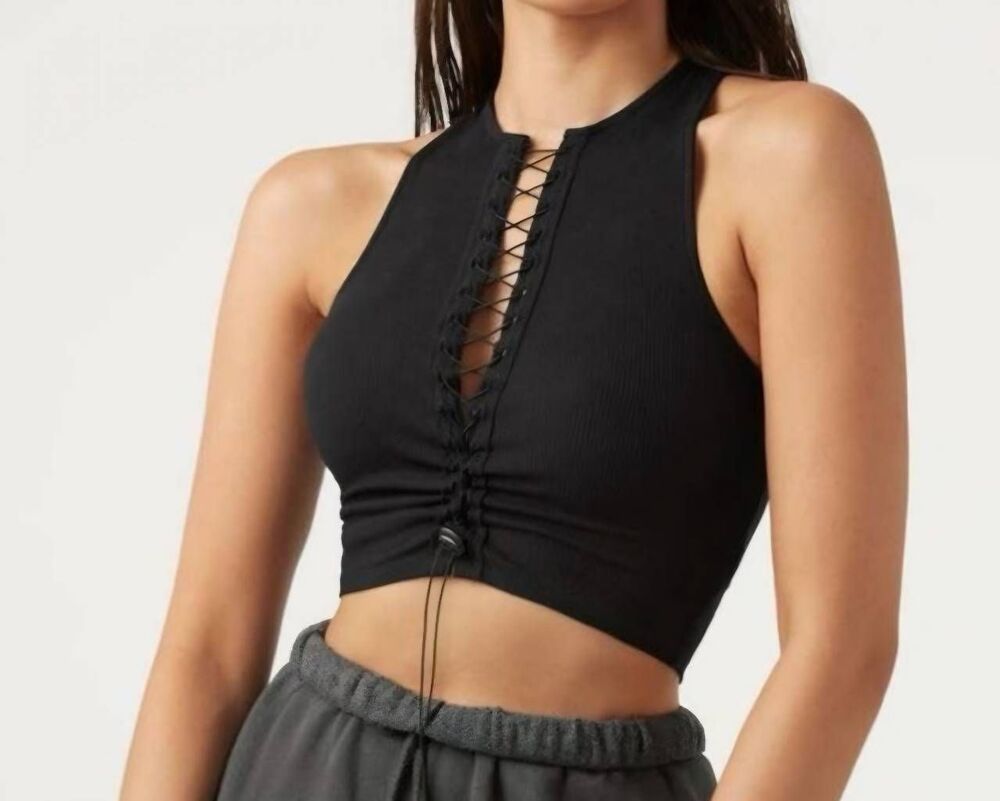 Joah Brown Lace Up Crop Tank Black Flex Rib Sz XS/S